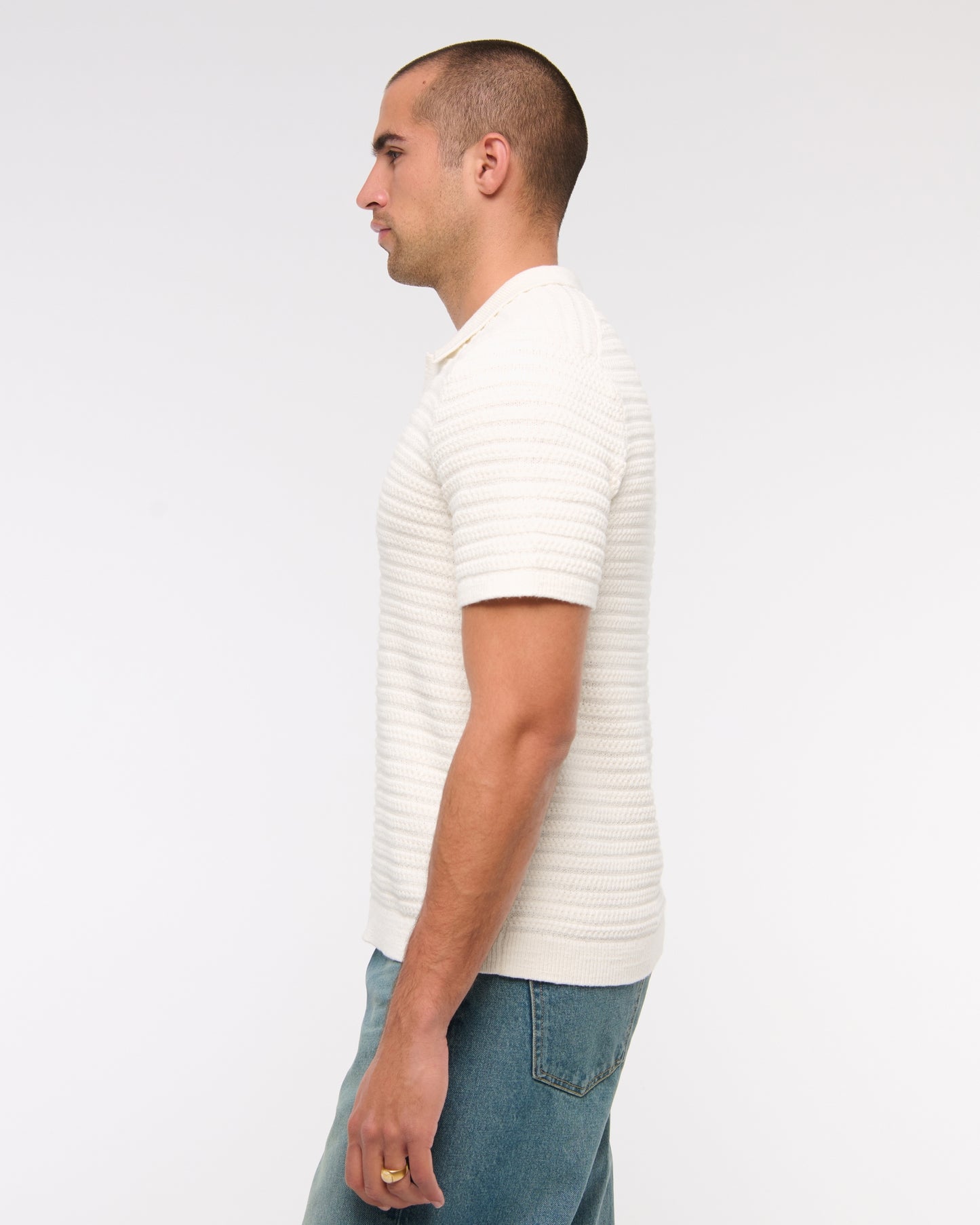 Textural Striped Johnny Collar Sweater Polo