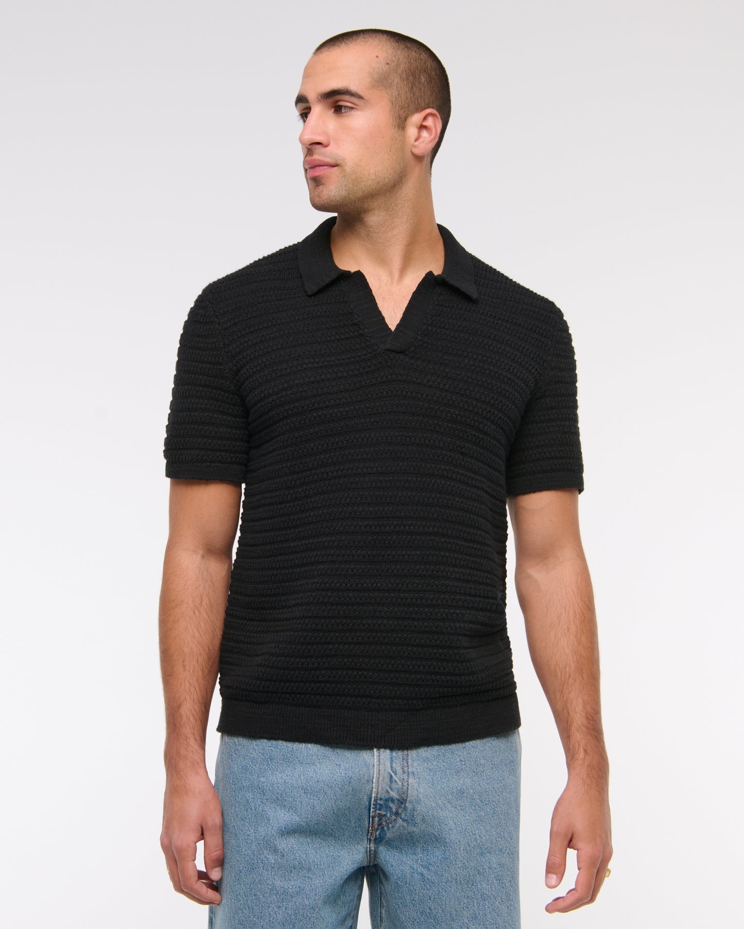 Textural Striped Johnny Collar Sweater Polo