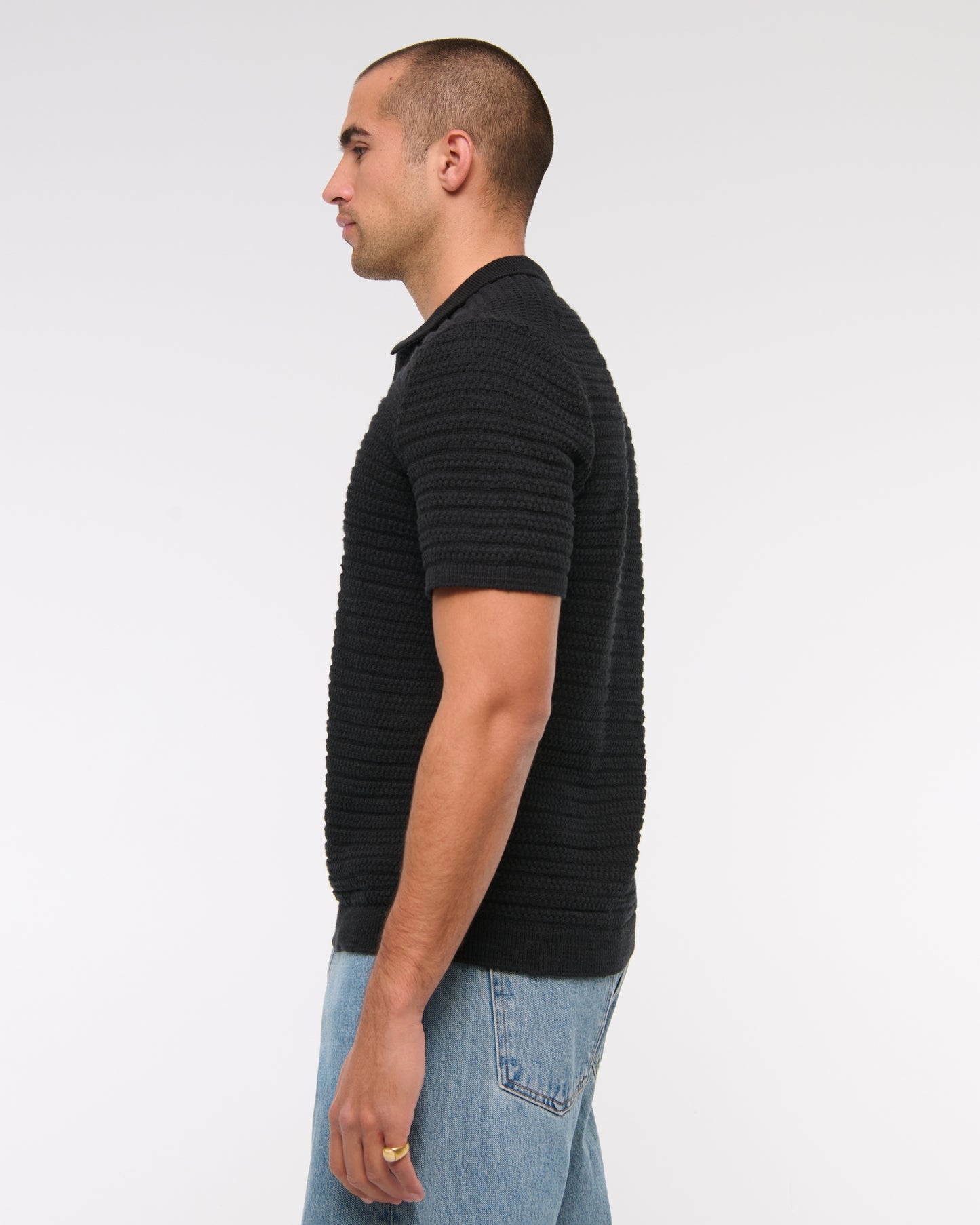 Textural Striped Johnny Collar Sweater Polo