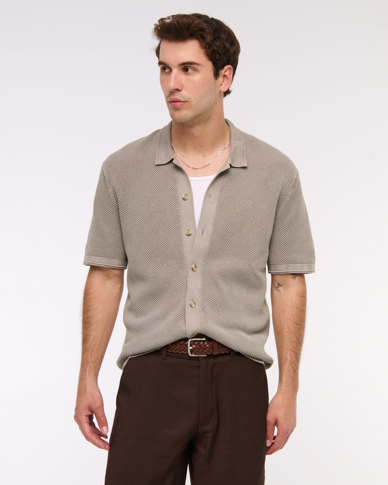 Garment Dye Button-Through Sweater Polo