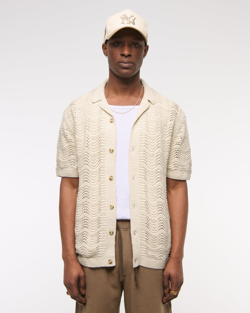 Wavy Crochet-Style Button-Through Sweater Polo