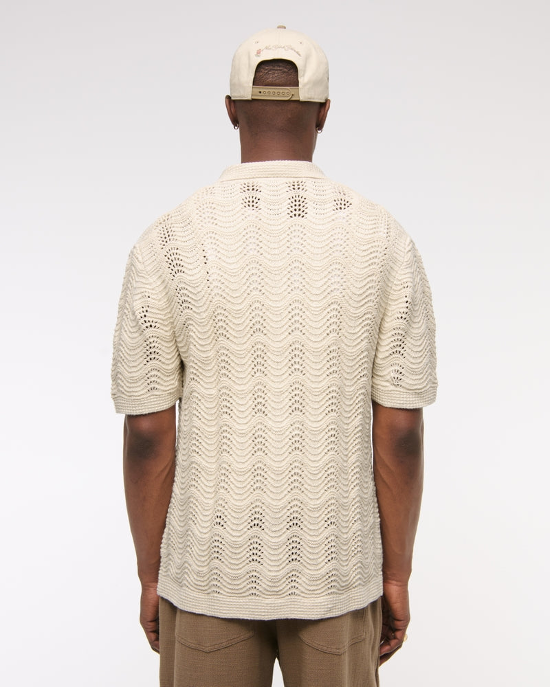 Wavy Crochet-Style Button-Through Sweater Polo