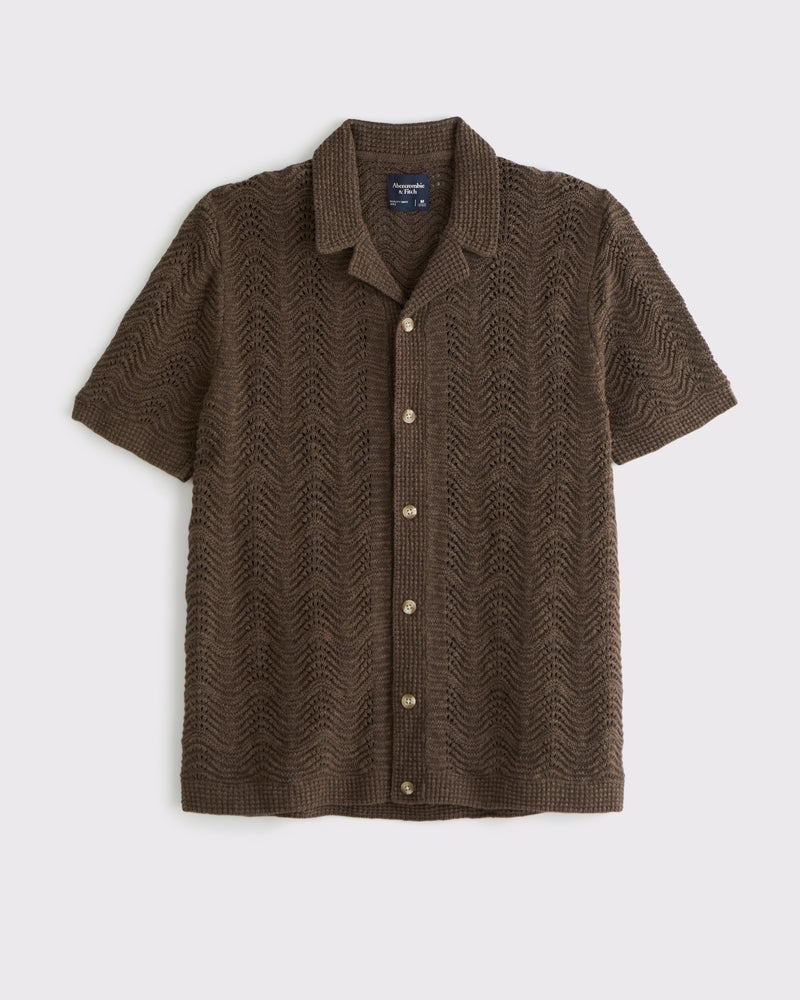 Wavy Crochet-Style Button-Through Sweater Polo
