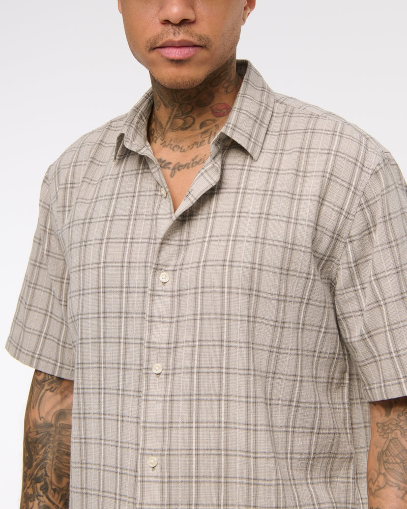 Short-Sleeve Cropped Textural Plaid Button-Up Shirt