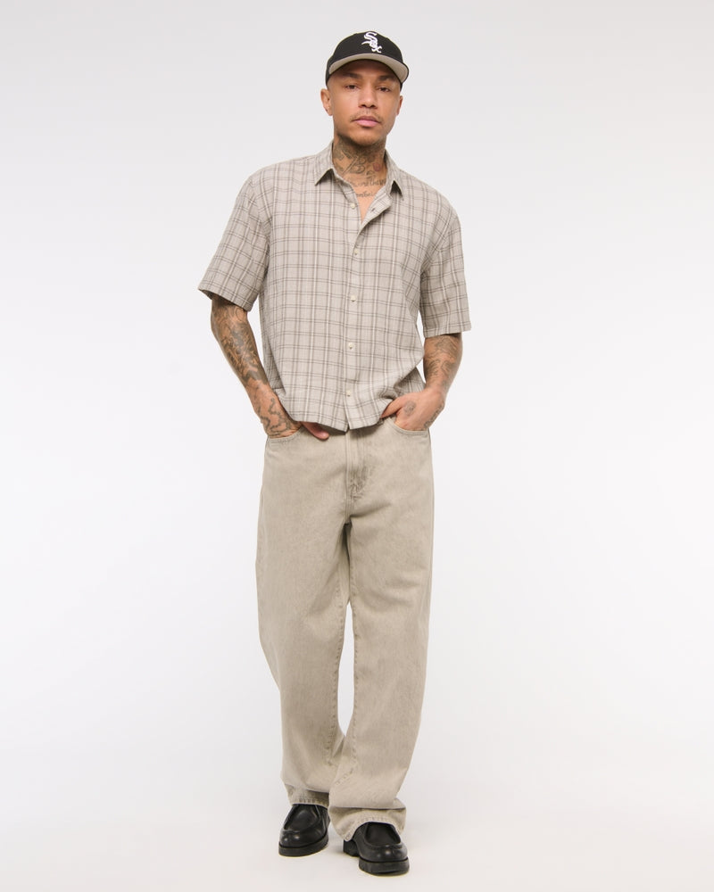 Short-Sleeve Cropped Textural Plaid Button-Up Shirt