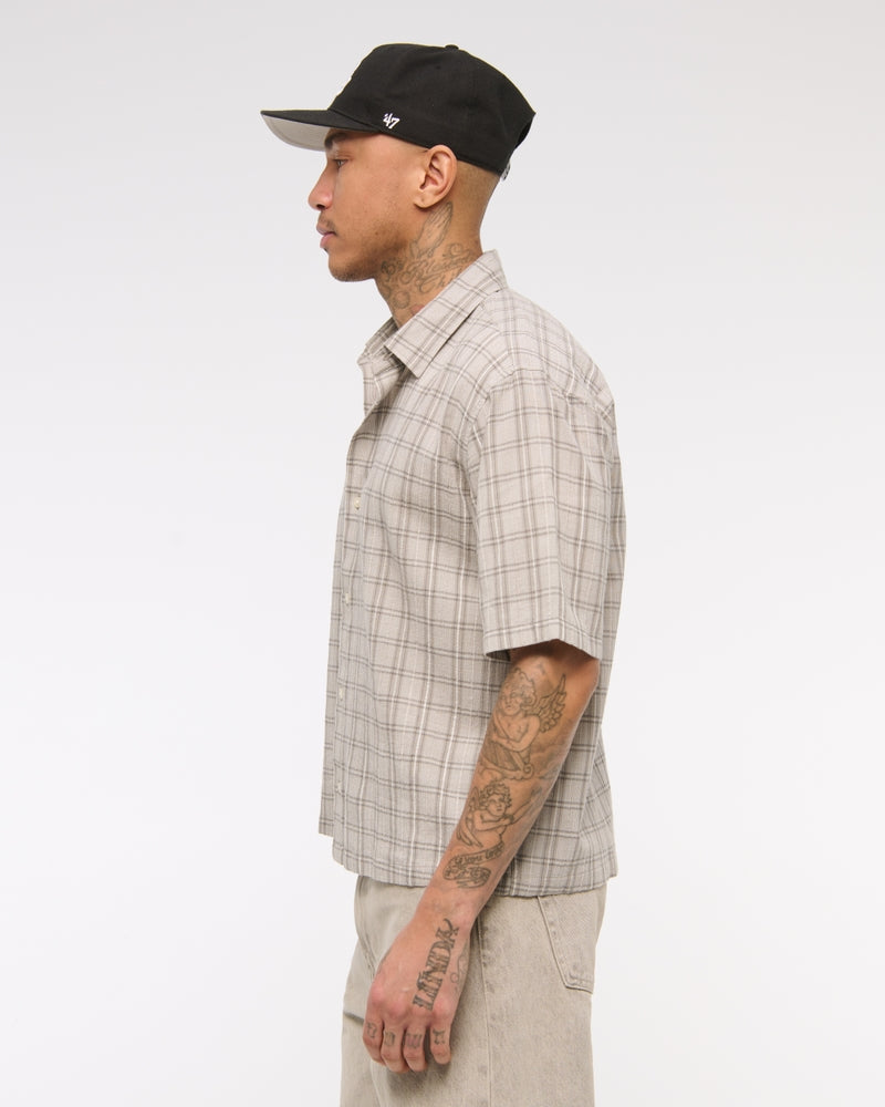 Short-Sleeve Cropped Textural Plaid Button-Up Shirt