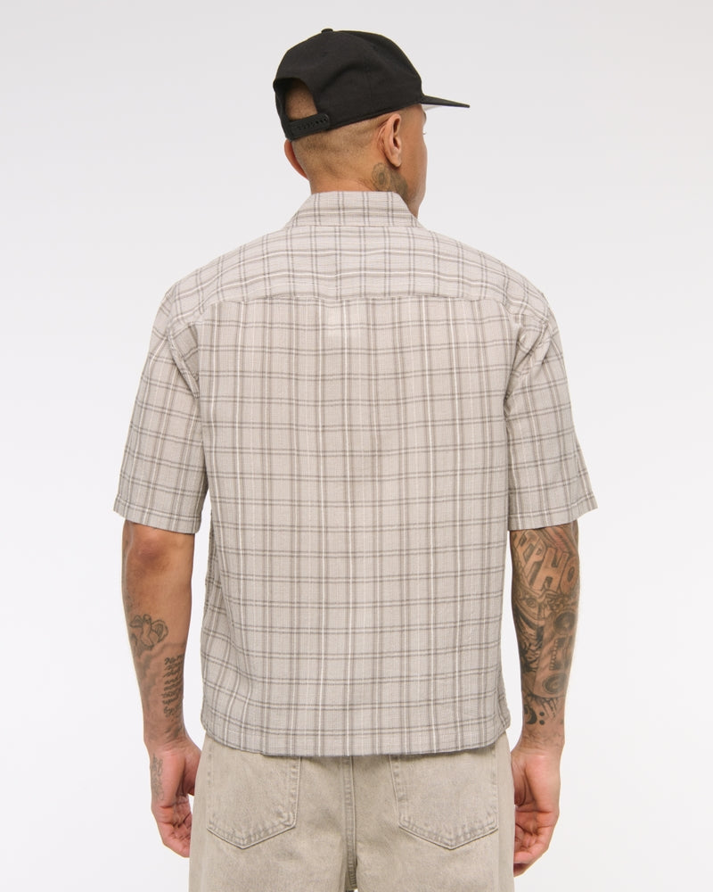 Short-Sleeve Cropped Textural Plaid Button-Up Shirt