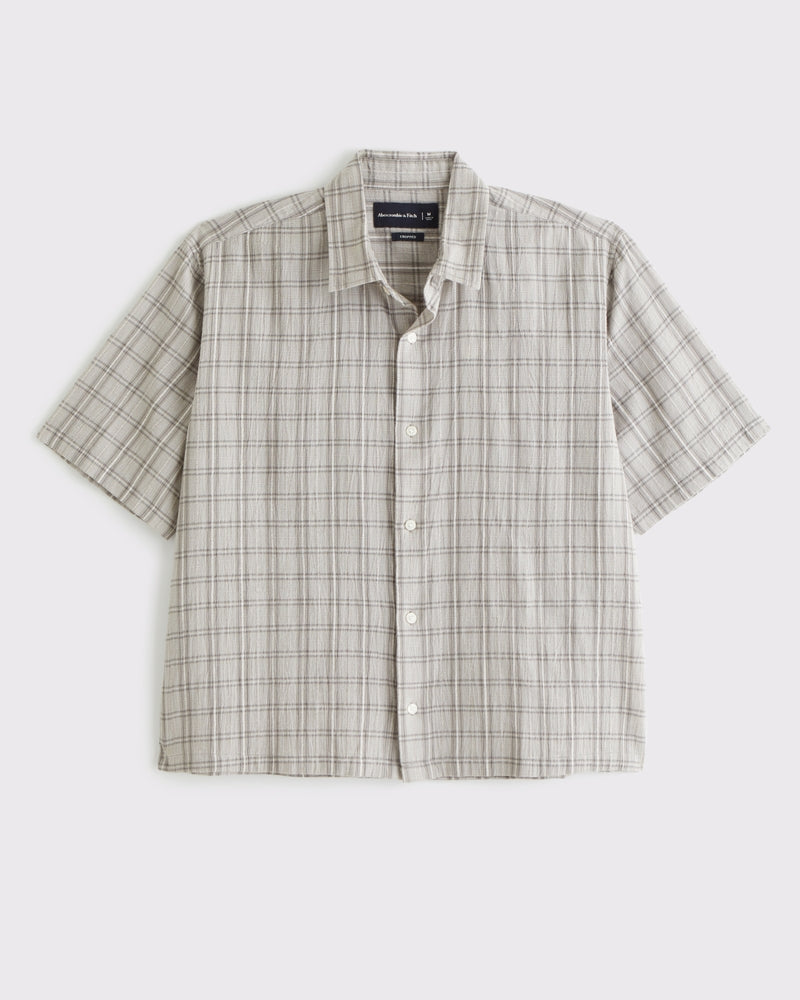 Short-Sleeve Cropped Textural Plaid Button-Up Shirt