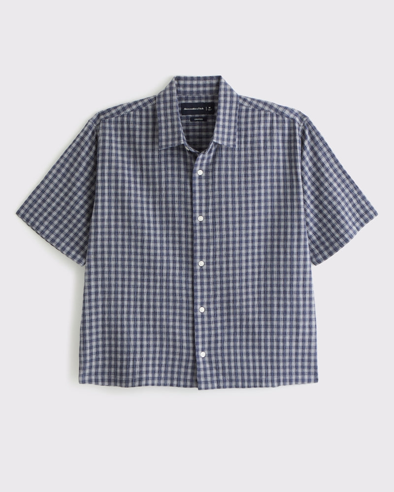 Short-Sleeve Cropped Textural Plaid Button-Up Shirt