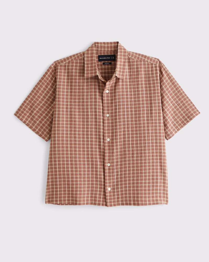 Short-Sleeve Cropped Textural Plaid Button-Up Shirt