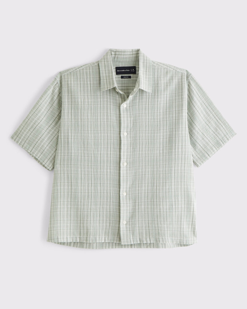 Short-Sleeve Cropped Textural Plaid Button-Up Shirt