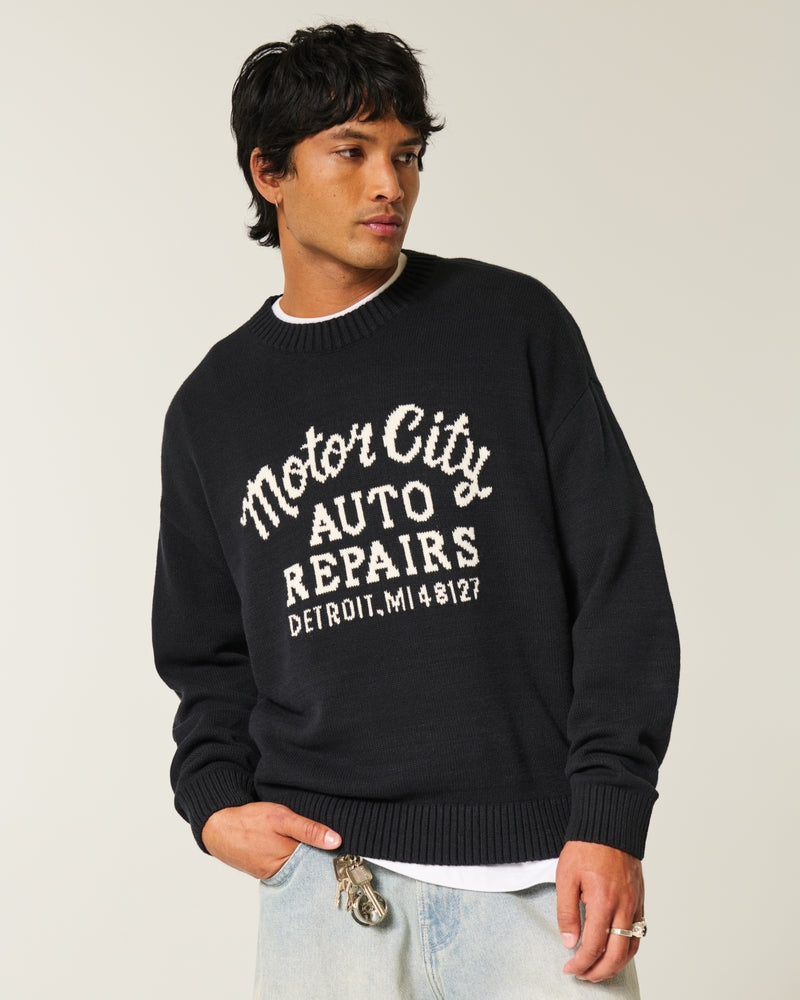 Hollister - Boxy Motor City Auto Repairs Graphic Crew Sweater