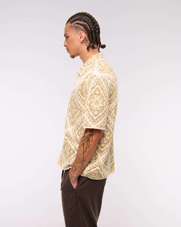 Abercrombie & Fitch - Crochet-Style Floral Button-Through Sweater Polo IMMEDIATE