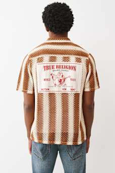 True Religion - Striped Crochet Camp Collar Shirt