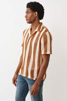 True Religion - Striped Crochet Camp Collar Shirt