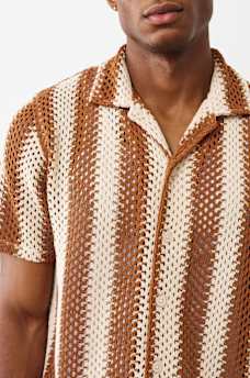 True Religion - Striped Crochet Camp Collar Shirt