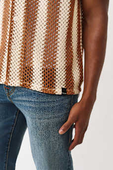 True Religion - Striped Crochet Camp Collar Shirt