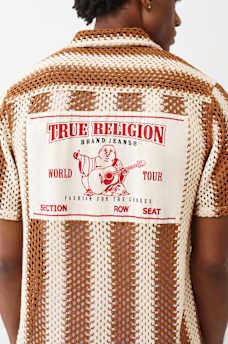 True Religion - Striped Crochet Camp Collar Shirt
