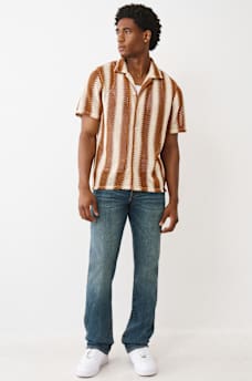 True Religion - Striped Crochet Camp Collar Shirt