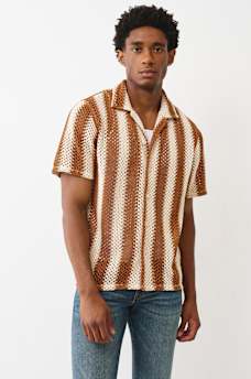 True Religion - Striped Crochet Camp Collar Shirt