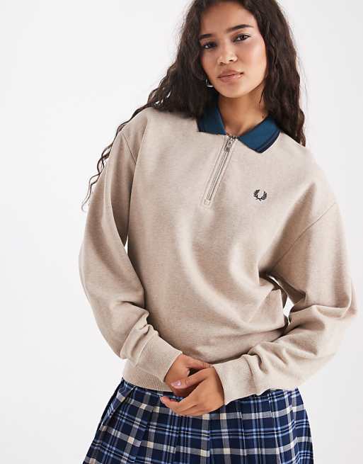 Fred Perry - zip neck collar sweatshirt in beige