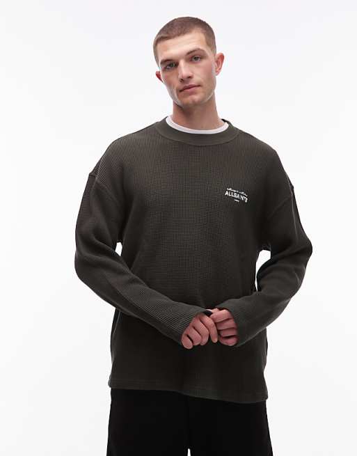 AllSaints - Herald Long Sleeve Waffle T-Shirt in green