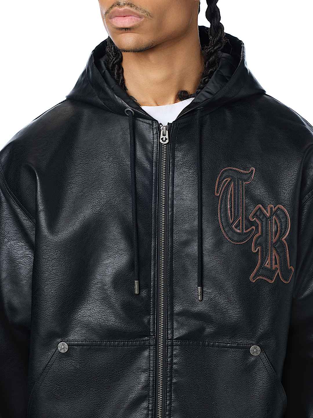 True Religion - Faux Leather Hooded Bomber Jacket
