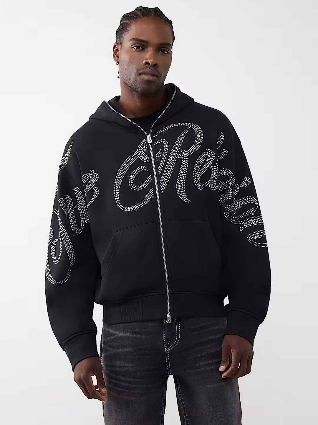 True Religion - Rhinestone Script Boxy Zip Hoodie