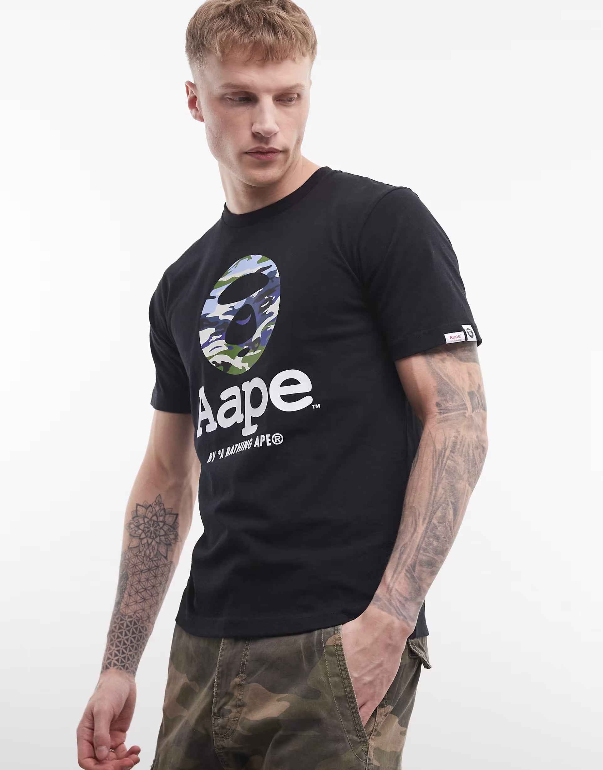 Aape - by A Bathing Ape t-shirt in black with camo logo print.