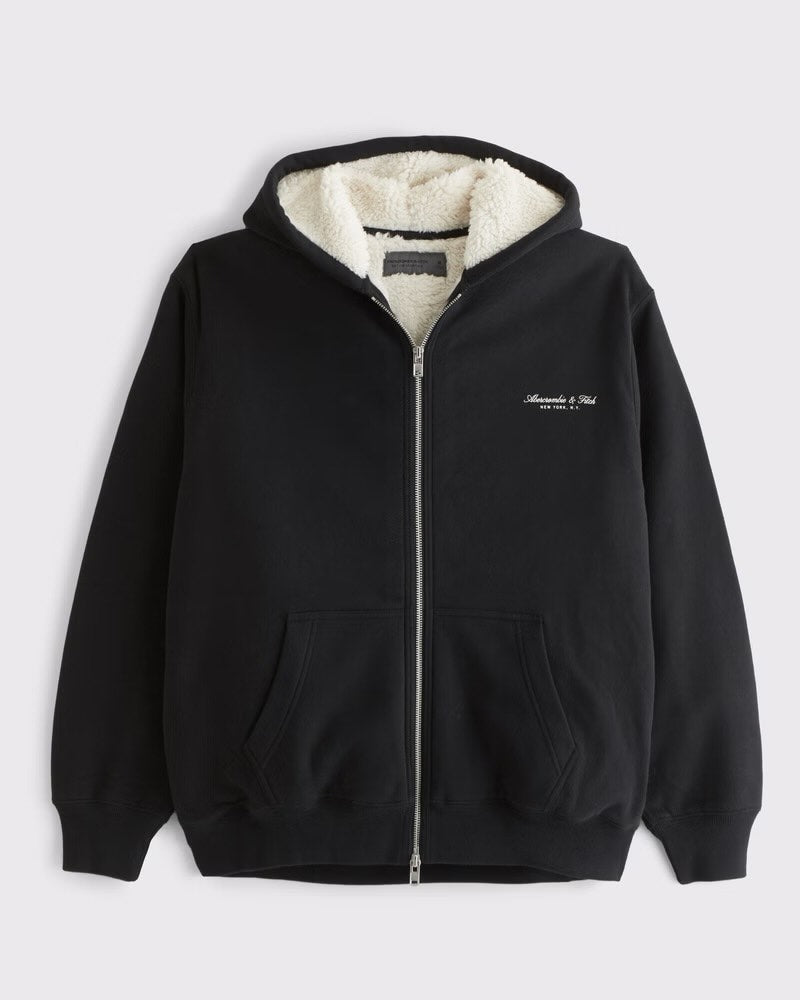 Abercrombie & Fitch - Sherpa-Lined Logo Full-Zip Hoodie IMMEDIATE