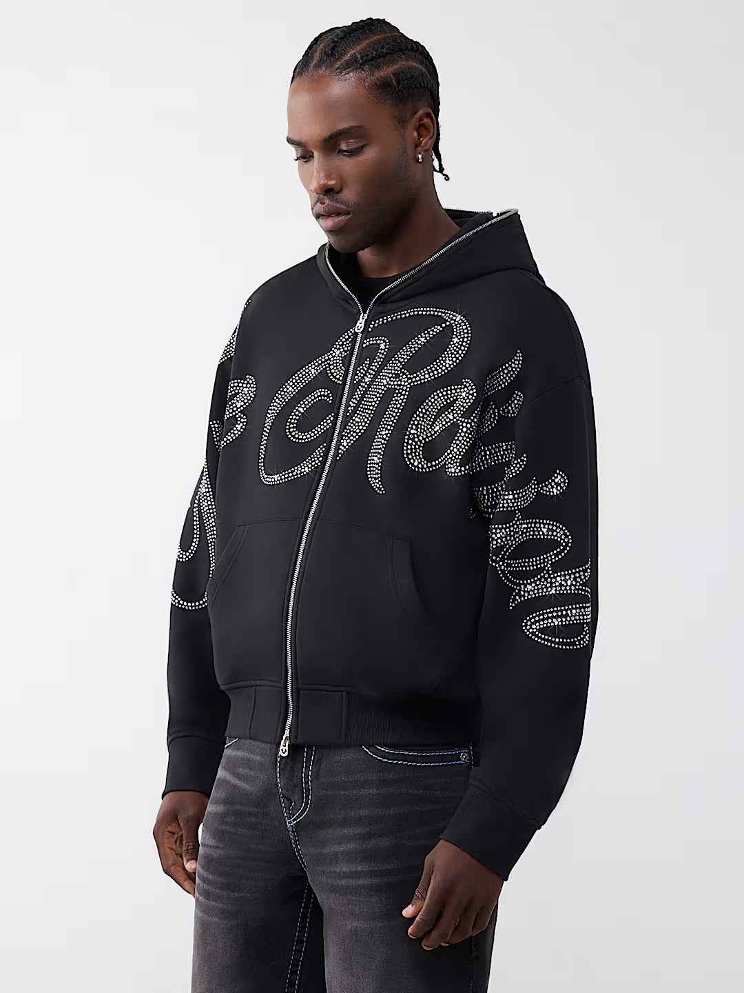 True Religion - Rhinestone Script Boxy Zip Hoodie