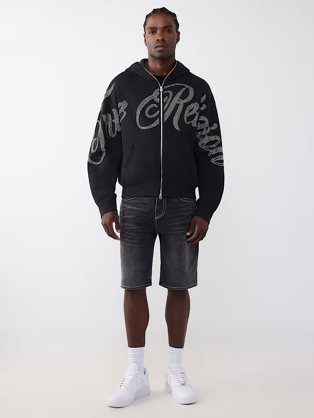 True Religion - Rhinestone Script Boxy Zip Hoodie