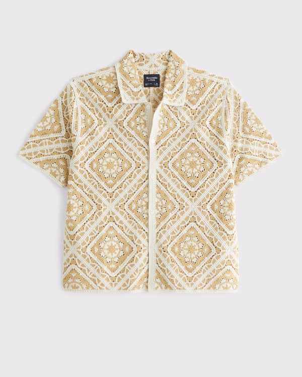 Abercrombie & Fitch - Crochet-Style Floral Button-Through Sweater Polo IMMEDIATE