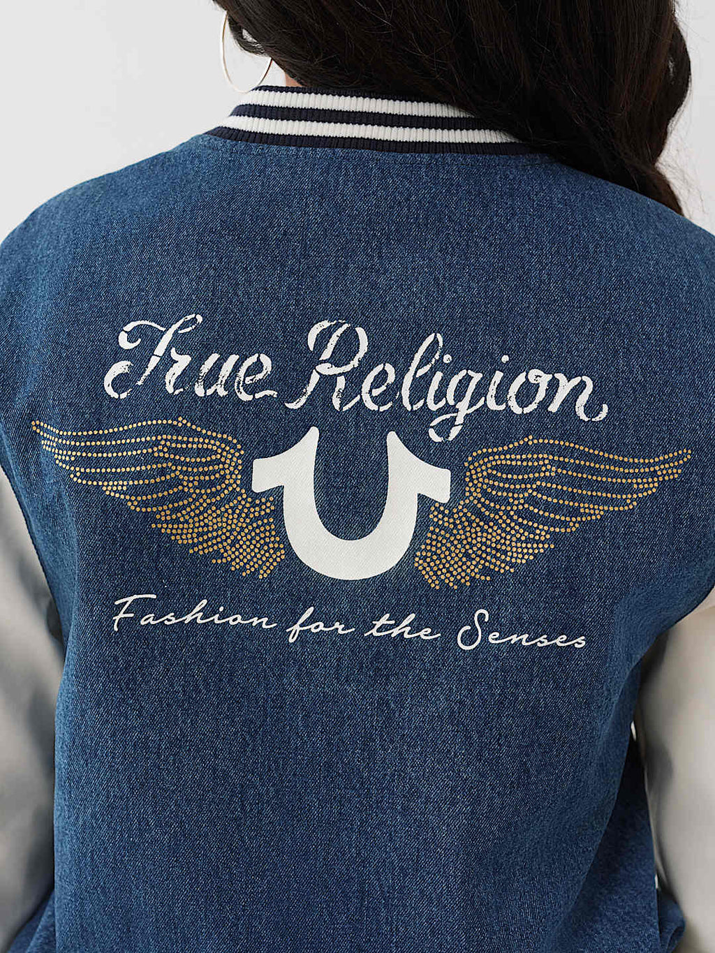 True Religion - CRYSTAL WING DENIM VARSITY JACKET