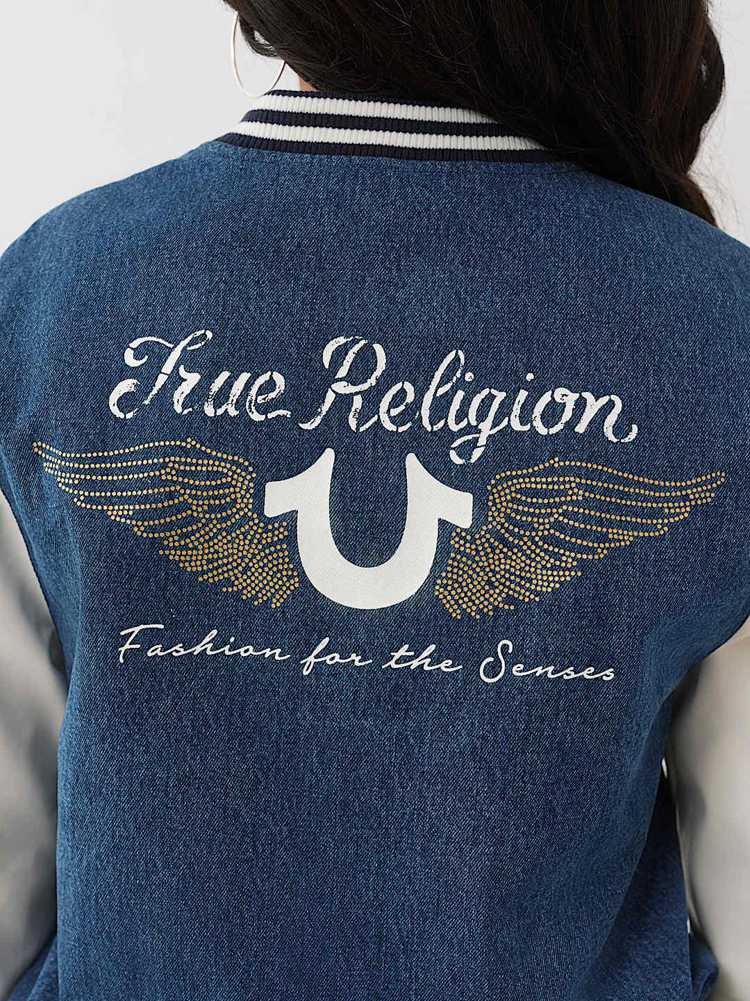 True Religion - CRYSTAL WING DENIM VARSITY JACKET