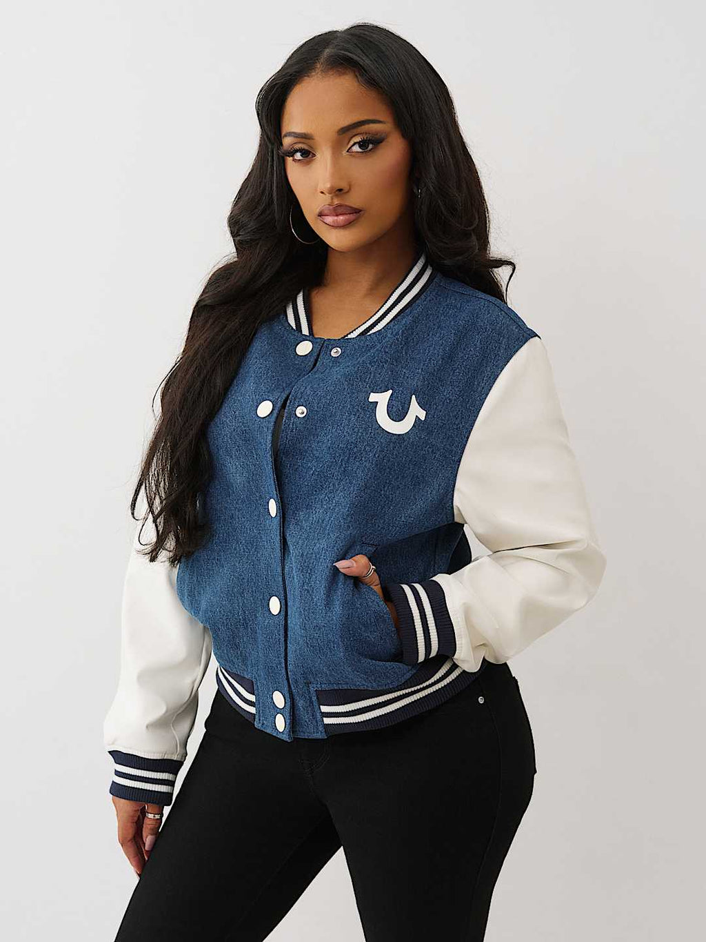 True Religion - CRYSTAL WING DENIM VARSITY JACKET