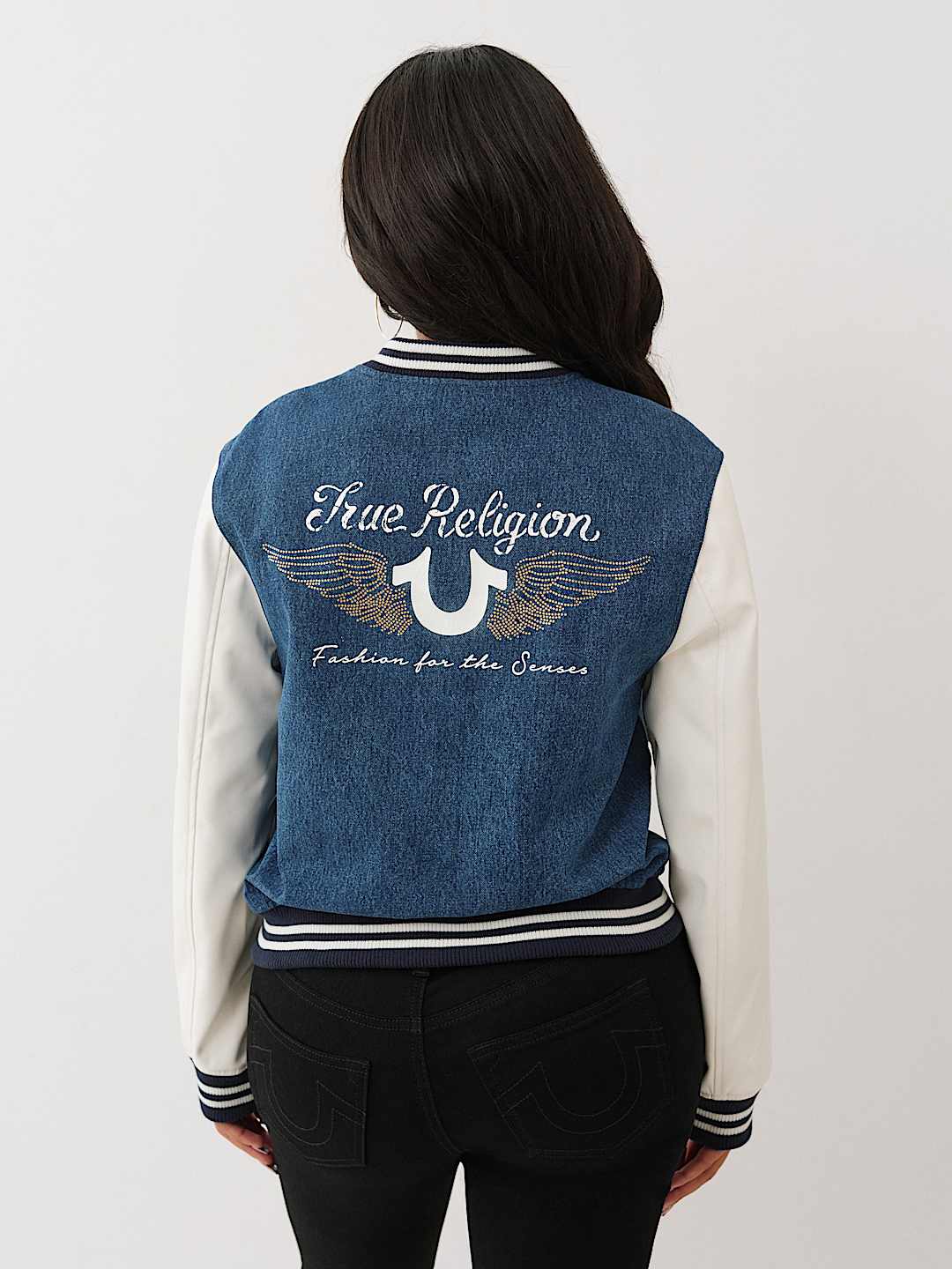 True Religion - CRYSTAL WING DENIM VARSITY JACKET