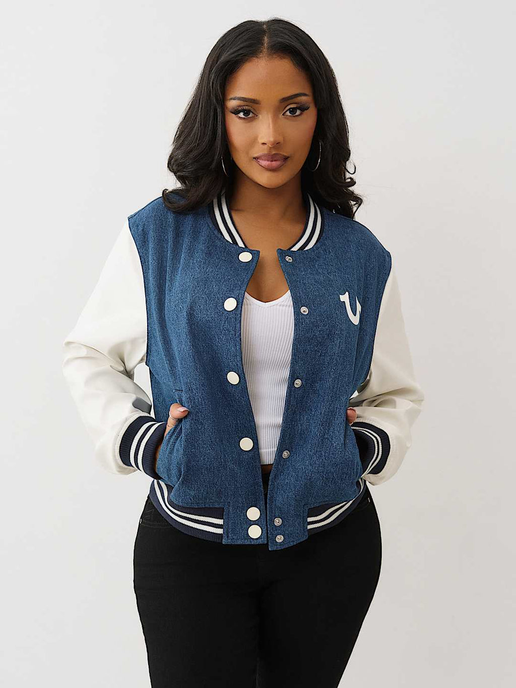 True Religion - CRYSTAL WING DENIM VARSITY JACKET