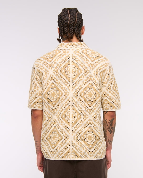 Abercrombie & Fitch - Crochet-Style Floral Button-Through Sweater Polo IMMEDIATE