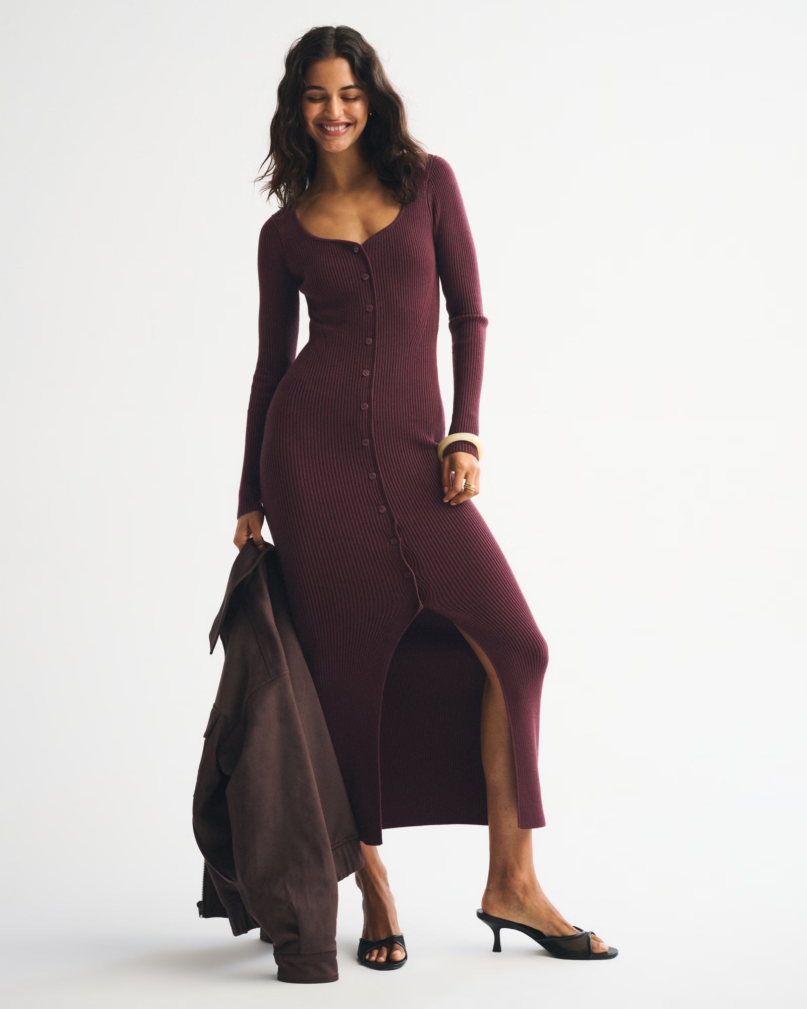 Abercrombie & Fitch - Long-Sleeve Button-Through Maxi Sweater Dress