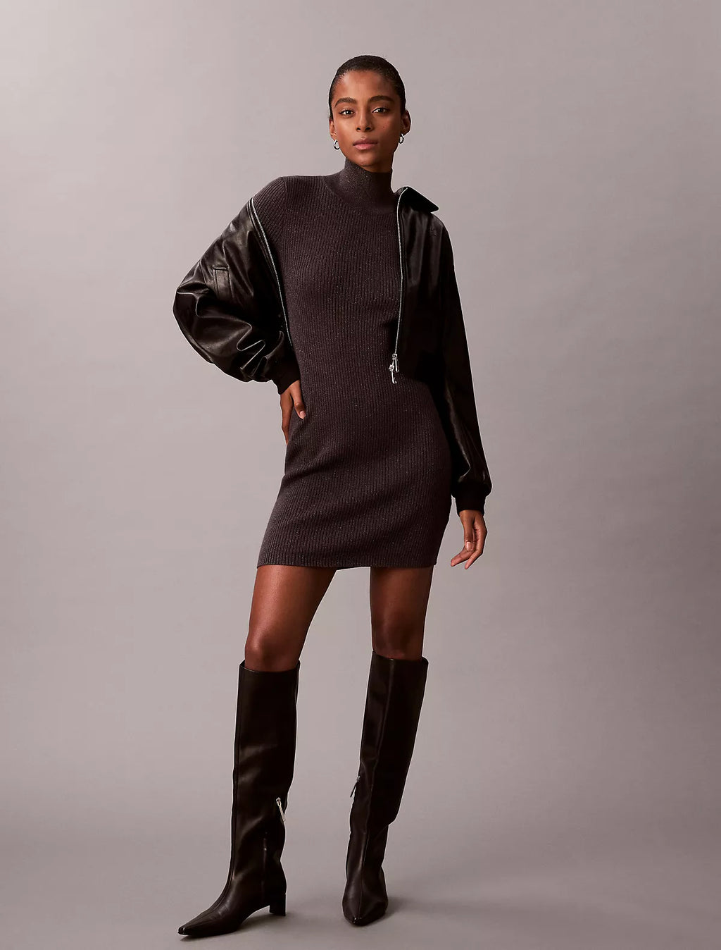 Calvin Klein - Lurex Merino Wool Blend Rib Sweater Dress