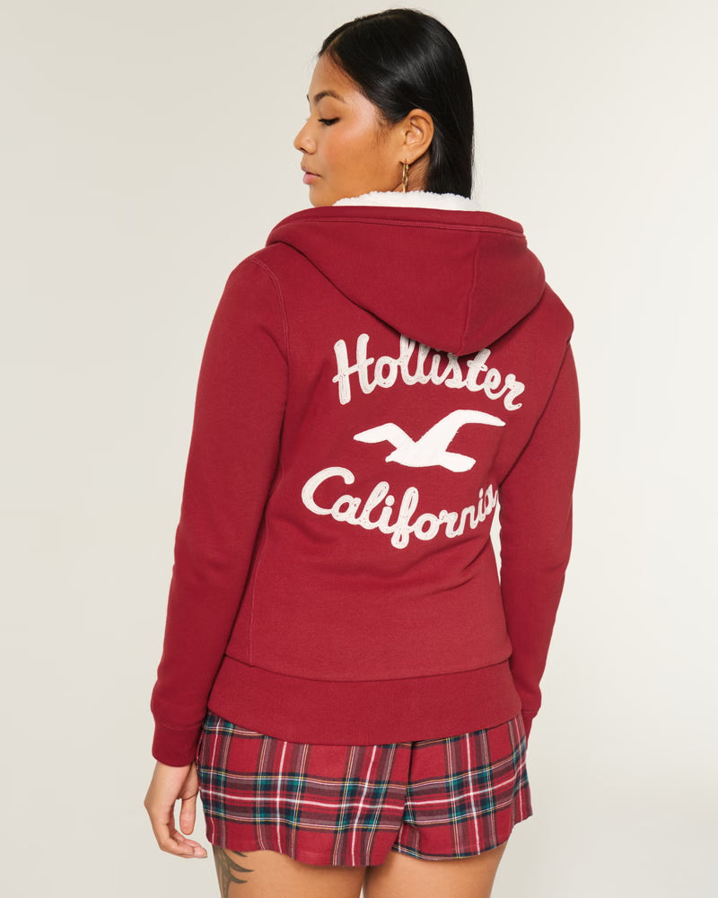 Hollister - Holiday Vault Release Sherpa-Lined Zip-Up Logo Graphic Hoodie
