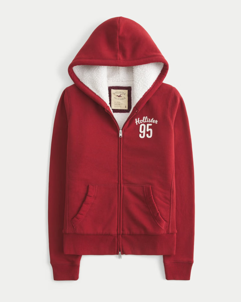Hollister - Holiday Vault Release Sherpa-Lined Zip-Up Logo Graphic Hoodie