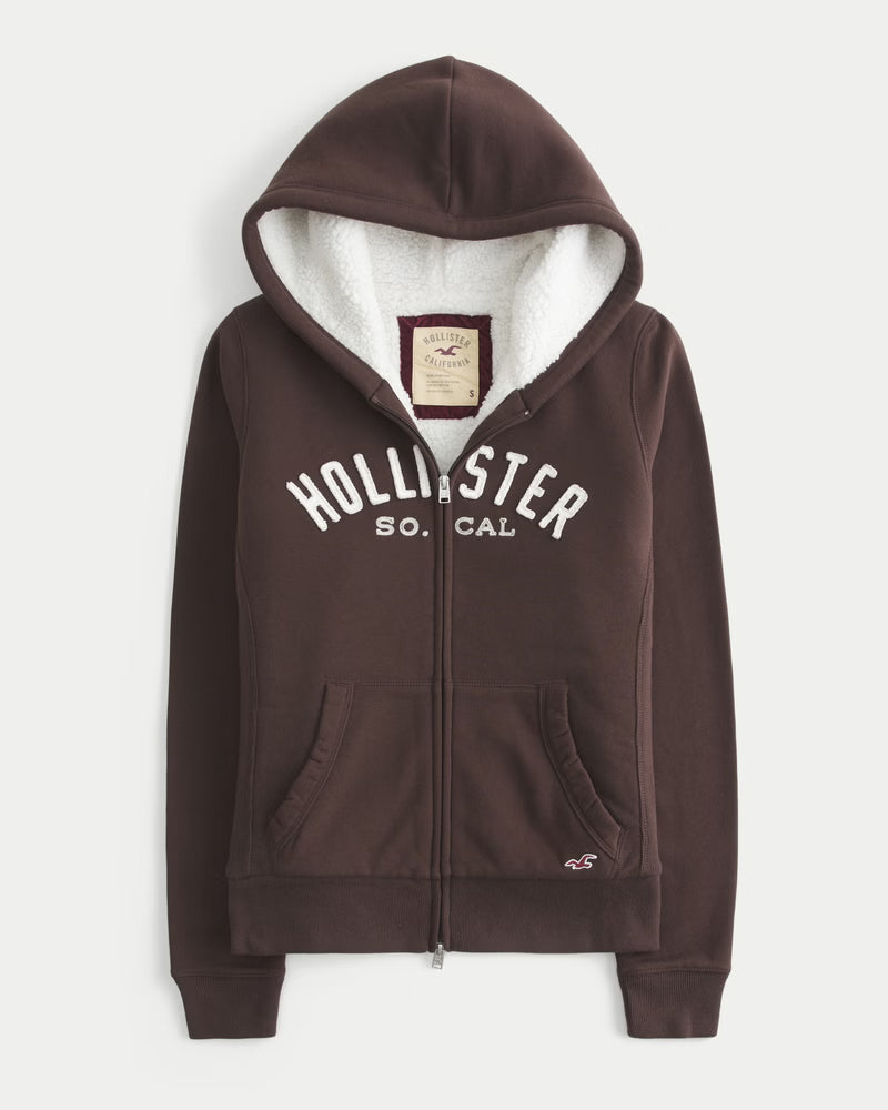 Hollister - Holiday Vault Release Sherpa-Lined Zip-Up Logo Graphic Hoodie