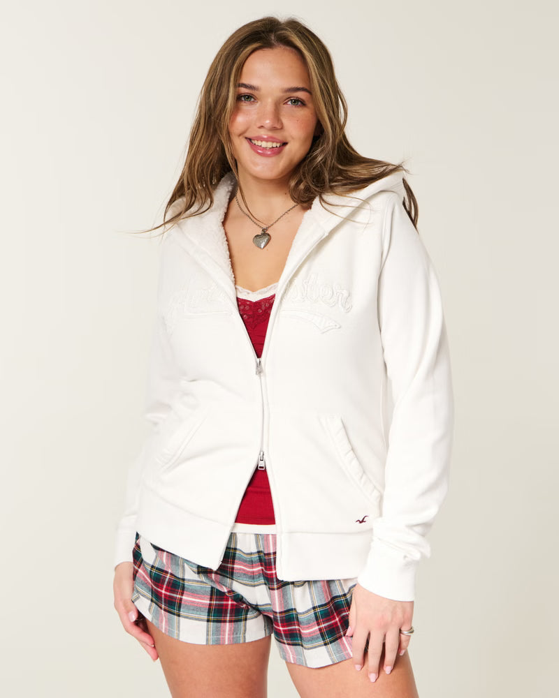 Hollister - Holiday Vault Release Sherpa-Lined Zip-Up Logo Graphic Hoodie
