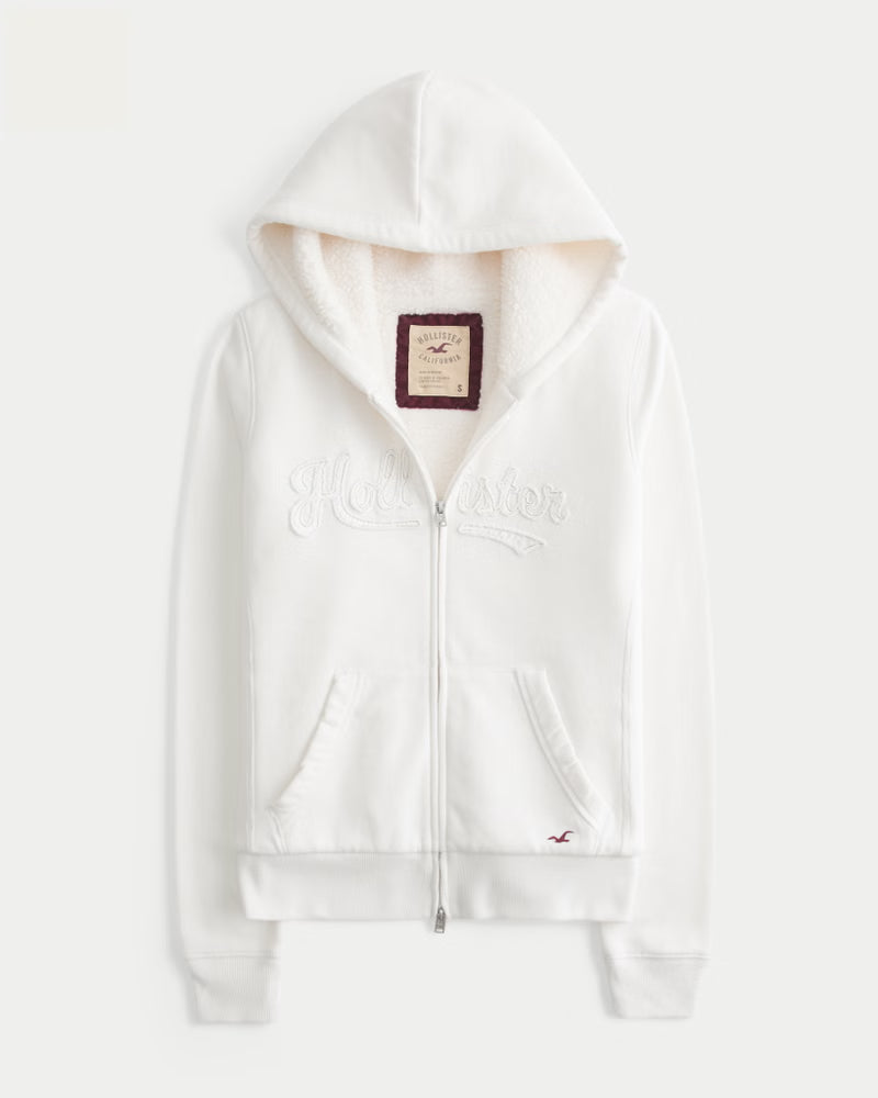 Hollister - Holiday Vault Release Sherpa-Lined Zip-Up Logo Graphic Hoodie
