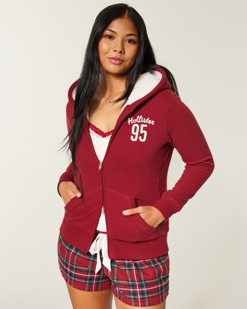 Hollister - Holiday Vault Release Sherpa-Lined Zip-Up Logo Graphic Hoodie