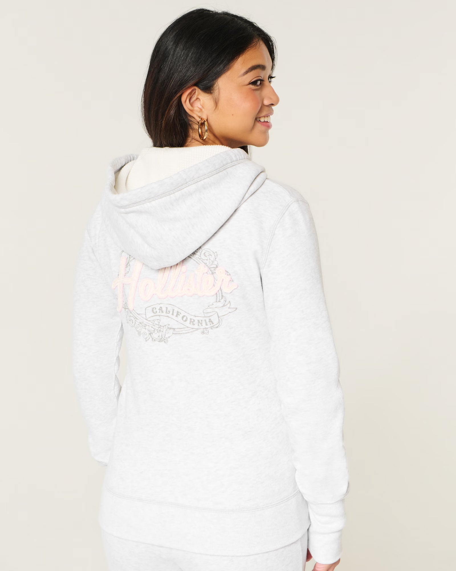 Hollister - Waffle Lined Hood Zip-Up Logo Graphic Hoodie