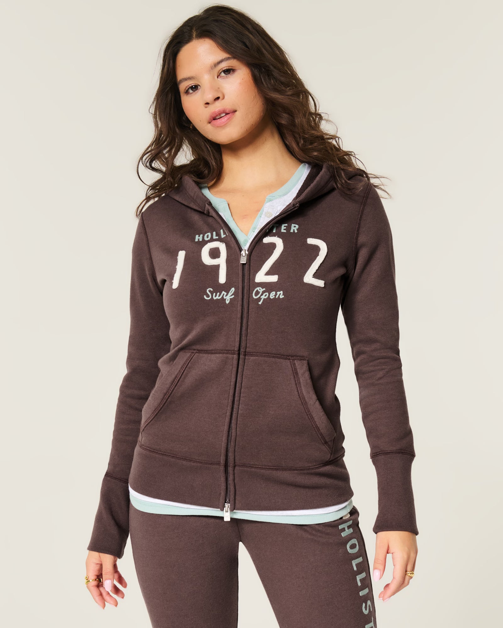 Hollister - Waffle Lined Hood Zip-Up Logo Graphic Hoodie