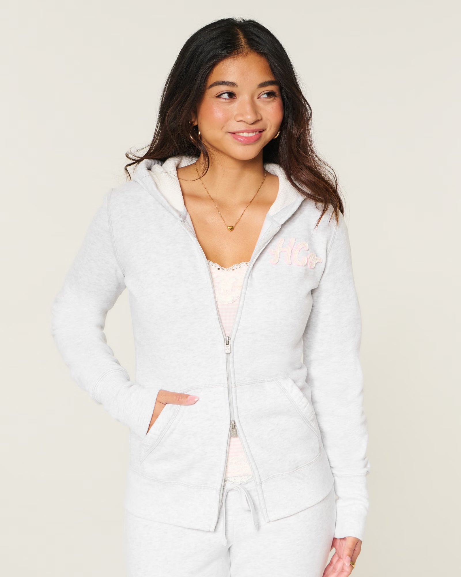Hollister - Waffle Lined Hood Zip-Up Logo Graphic Hoodie
